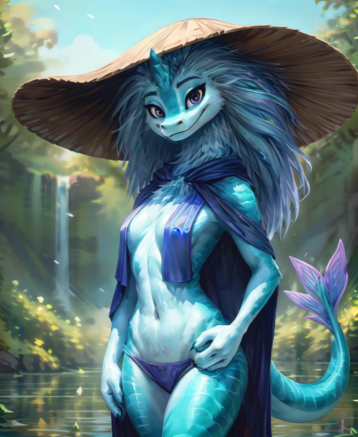 sisu, dragon girl, long light hair, light blue mane, female furry anthro, portrait, solo, (best quality), smile, looking at viewer, lake, standing, raya hat, raya cloak, tail, blue body, detailed body fur, detailed body, detailed face, detailed eyes, glistering body, glistering body, shiny body, gorgeous body, masterpiece, high quality, (half-closed eyes),