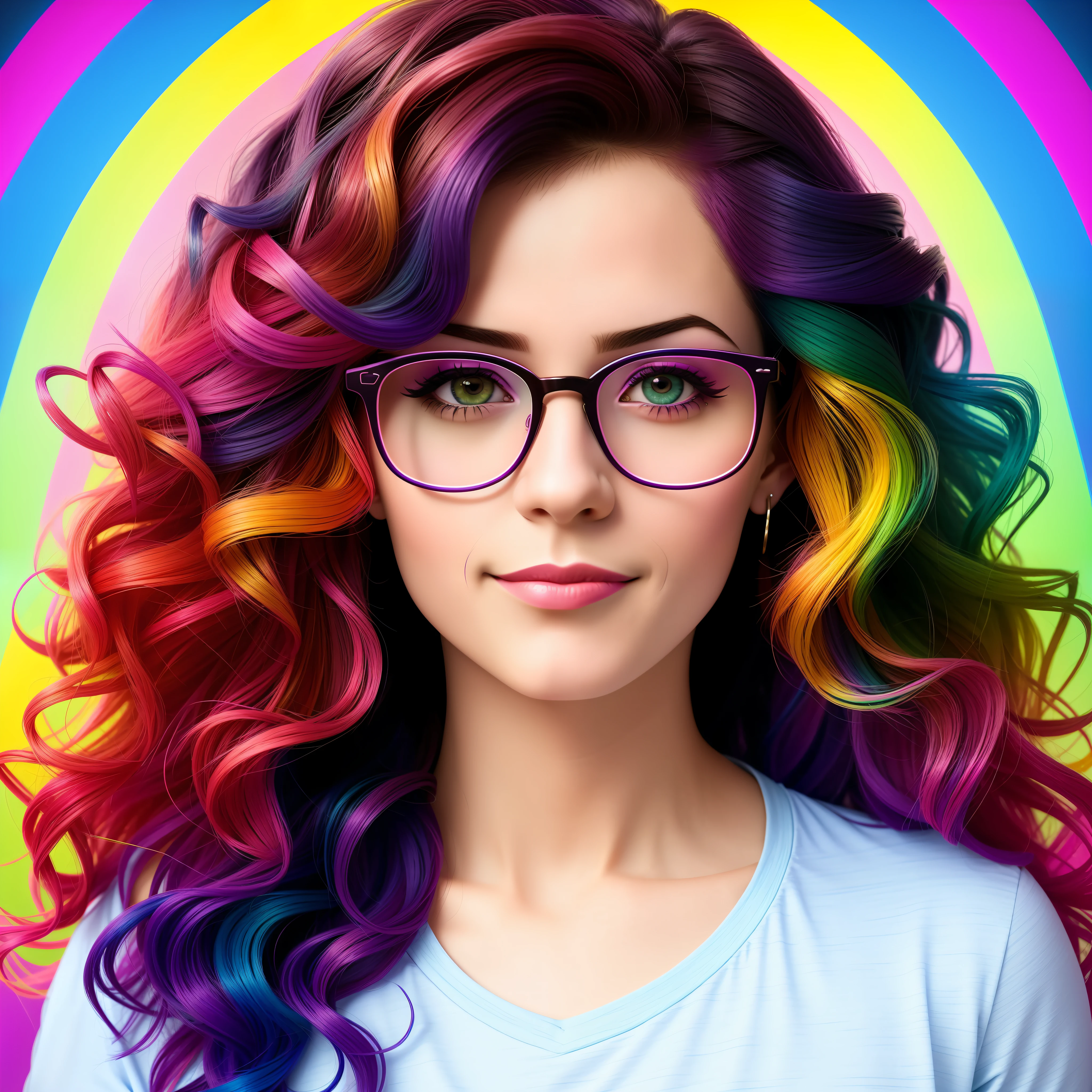 arafed woman with glasses and colorful hair in front of a rainbow background, portrait of a lisa frank, rainbow hair overlay, rainbow colored hair, rainbow hair, grungy woman with rainbow hair, shutterstock, colorful photo, rainbow colored, lisa frank style, wavy long black hair and glasses, realistic colorful photography, lisa - frank, girl wearing round glasses