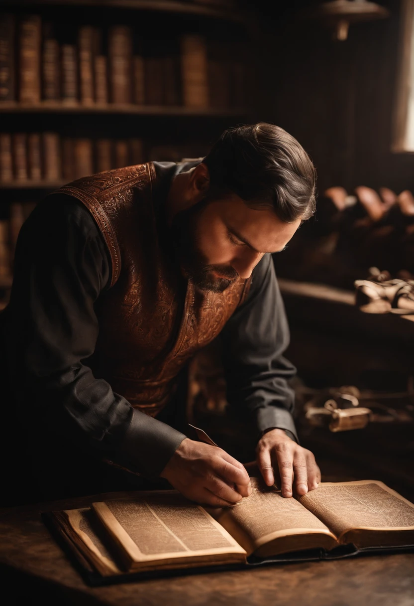 A photo of the character carefully hand-stitching a beautiful leather cover for a collection of scriptures,original,The Bible itself, male