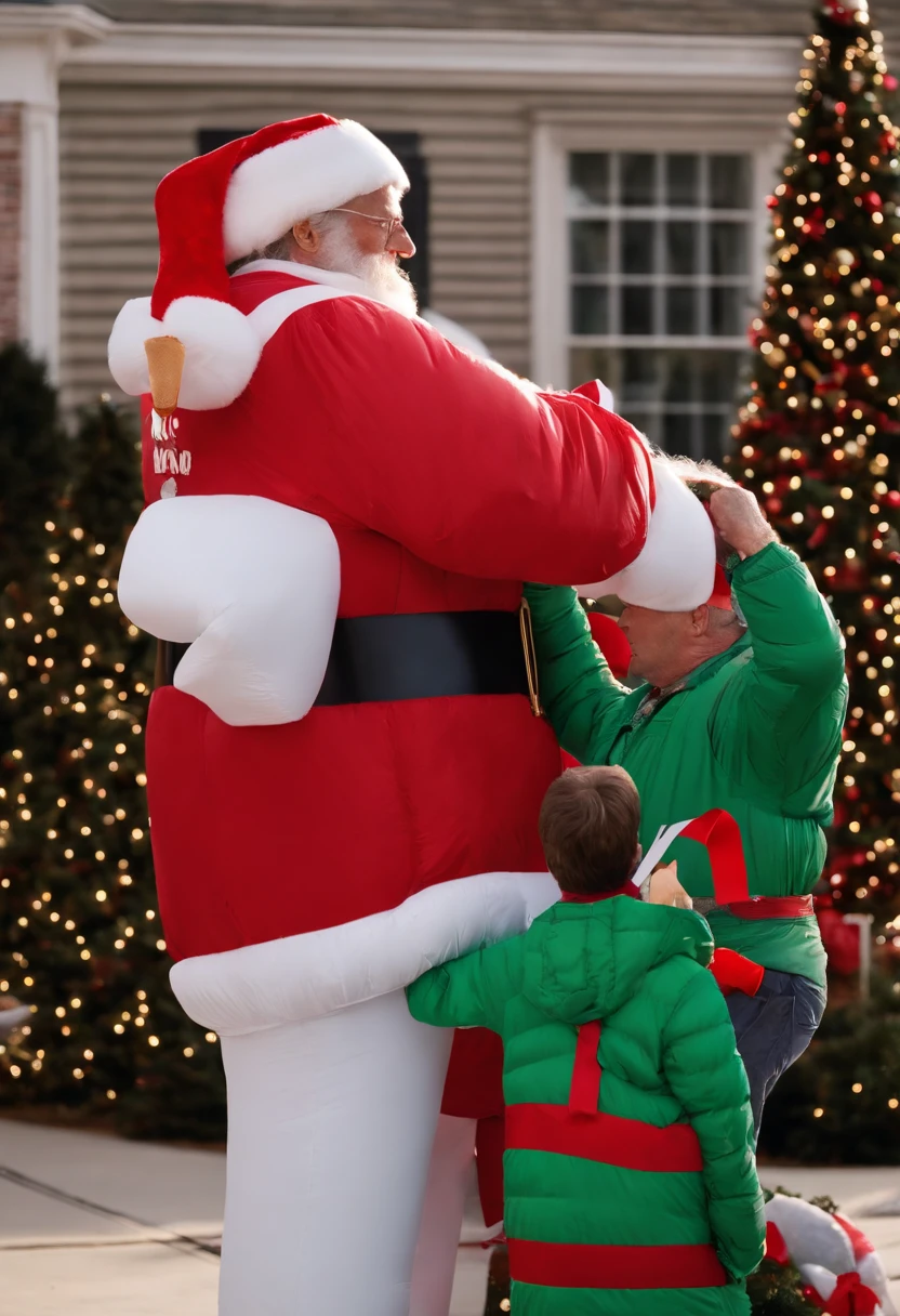 A photo of Clark Griswold trying to untangle a giant inflatable Santa decoration for the front yard,Christmas Vacation,Clark Griswold, as portrayed in “Christmas Vacation,” is the epitome of an enthusiastic and ever-hopeful family man, driven by a relentless desire to create the perfect holiday experience. His appearance is that of the quintessential suburban dad: often seen sporting a light sweater, casual slacks, and a slightly disheveled look, reflecting his well-intentioned, yet often chaotic attempts at holiday preparations., male
