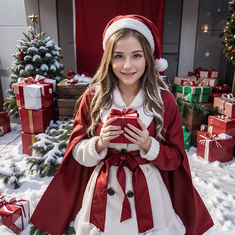 create a Christmas image, with snow, in the center a young Mrs. Claus, around gift boxes