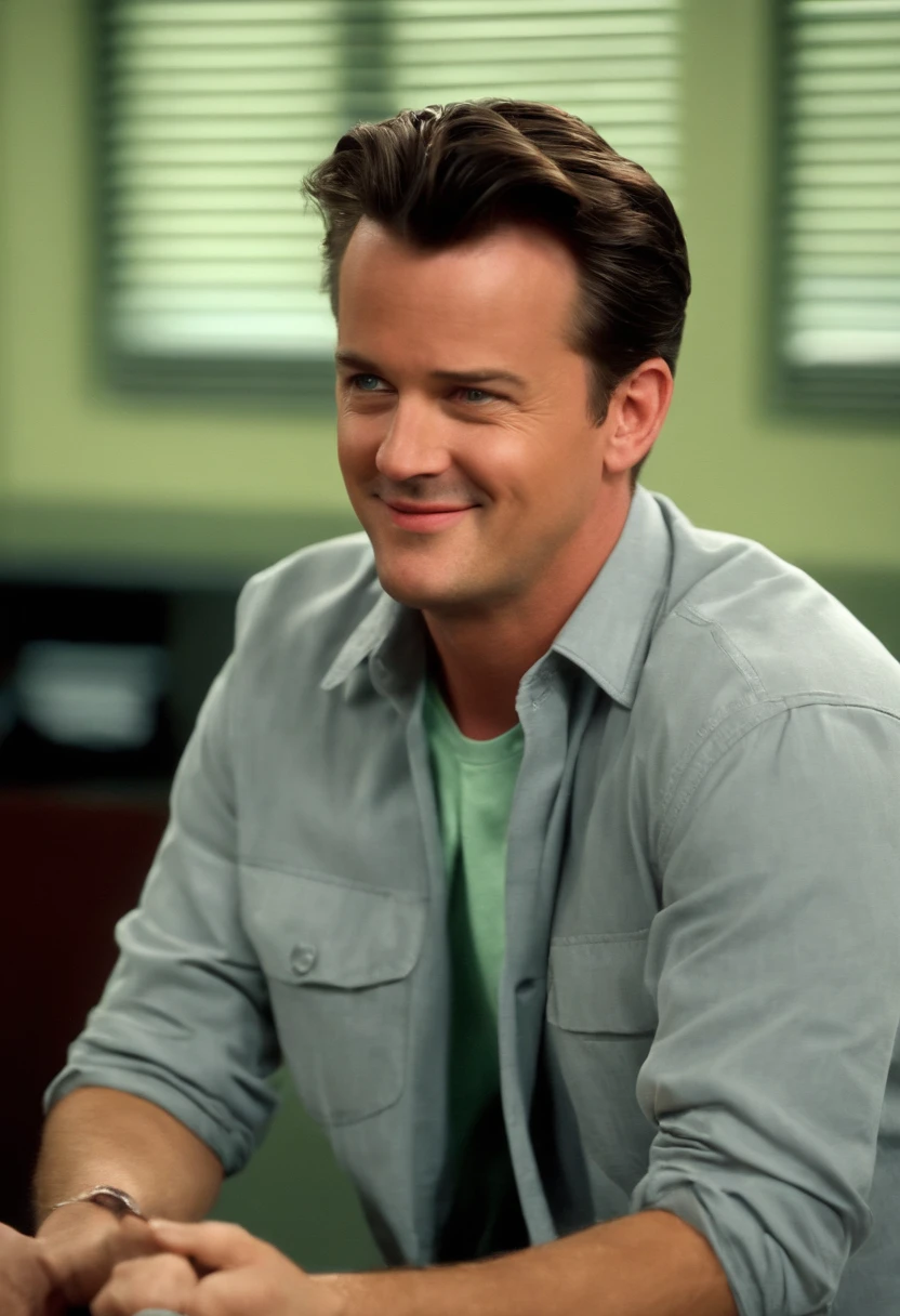 A photo of Chandler making a funny face while sitting in a meeting at work,Friends TV Show,Chandler Bing, a character from the popular TV sitcom “Friends,” has a lean build and a boyish appearance, often characterized by his short, neatly styled hair and a sarcastic smile. His fashion is typically casual and unassuming, reflecting his laid-back and somewhat self-deprecating personality. , male