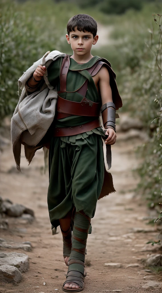 Visual of a Spartan boy, around , ancient greek, ancient greek clothes, leaving his family and entering the agoge, a state-sponsored military training program.