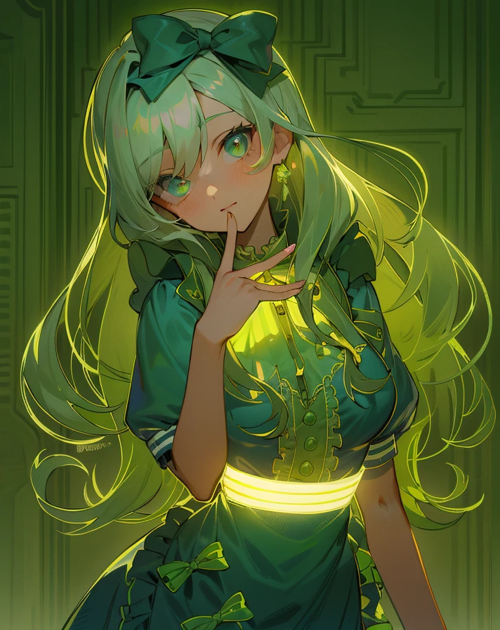 (master part), (best quality), (Super Detalhe), Tilting your head, Placing your index finger on your lips, (Braids only partially), (illustration), (1 girl), Mulher transparente, retroiluminado, luz solar quente, (Cabelo comprido verde esmeralda claro 1.5) (olhos verdes), (Serafuku), ((Serafuku)), Standing, modelo de moda, looking up at the audience
