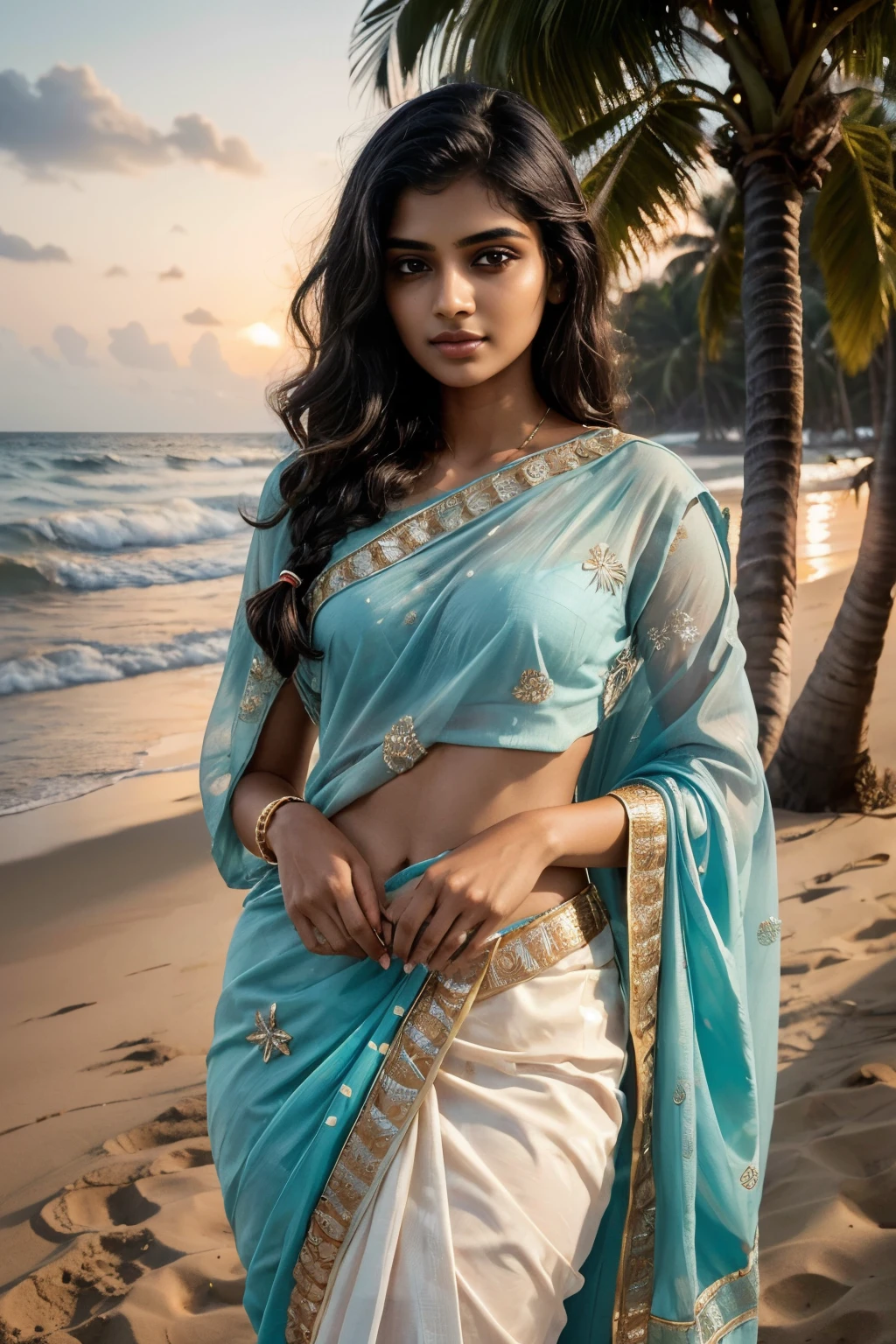 Very beautiful Indian Woman, portrait, 20 year old, , blouse and saree, dusk and sunset, tropical ocean beach sand, coconut trees, royal, detailed body, detailed face, traditional, gorgeous, ultra realistic, charming, cute, long braided hair, perfect fingers, ambient lighting, winter, detailed background, volumetric lighting, shadow, 8k