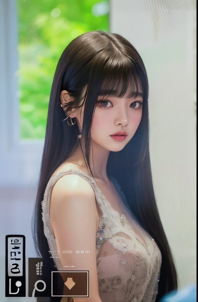 Un primer plano de una mujer con cabello largo con un vestido, Lalisa Manobal, Ella tiene el pelo negro con flequillo, con flequillo, Lalisa Manoban de Blackpink, portrait of female Korean idol, Bae Suzy, con flequillo completo, Retrato Jisoo Blackpink, Cabello largo con flequillo completo, inspirado en Miwa Komatsu, Retrato de Jossi de Blackpink, Wonyoung de Ive