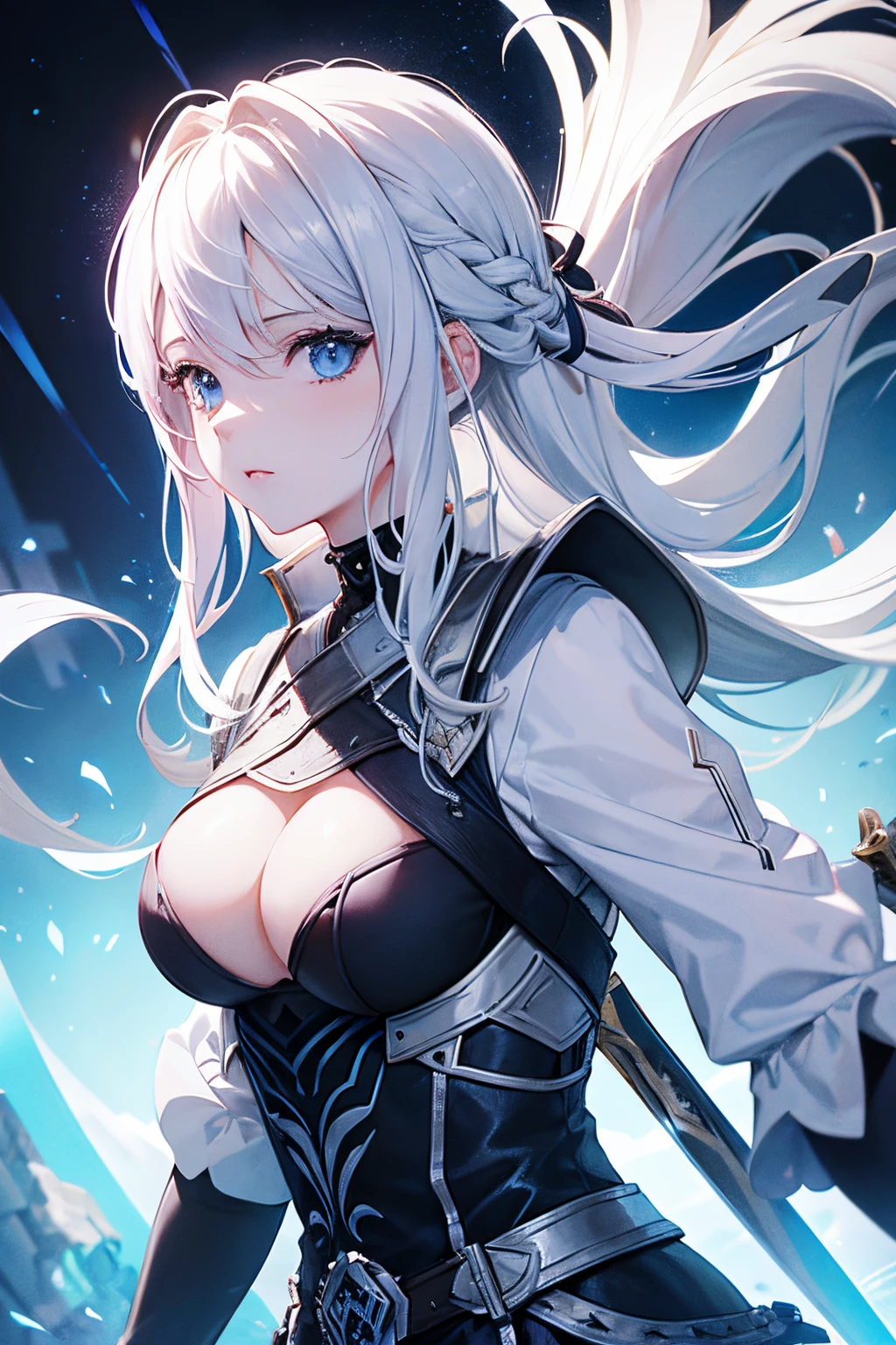 crea la imagen de una mujer peli rubia palido, de ojos azules, with pale skin as well as having a sword in his right hand. La espada es de color negro, with some blue lines