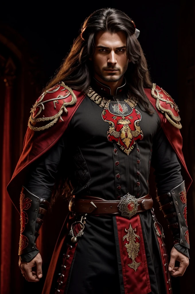 (best quality, 4k, high resolution), a man in lion armor(black and red color) with lion symbols: 1.1 on his shoulders, (standing), long hair without a beard(seductive, attractive) see, inside a castle, ultra detailed, sharp focus, HDR lighting.