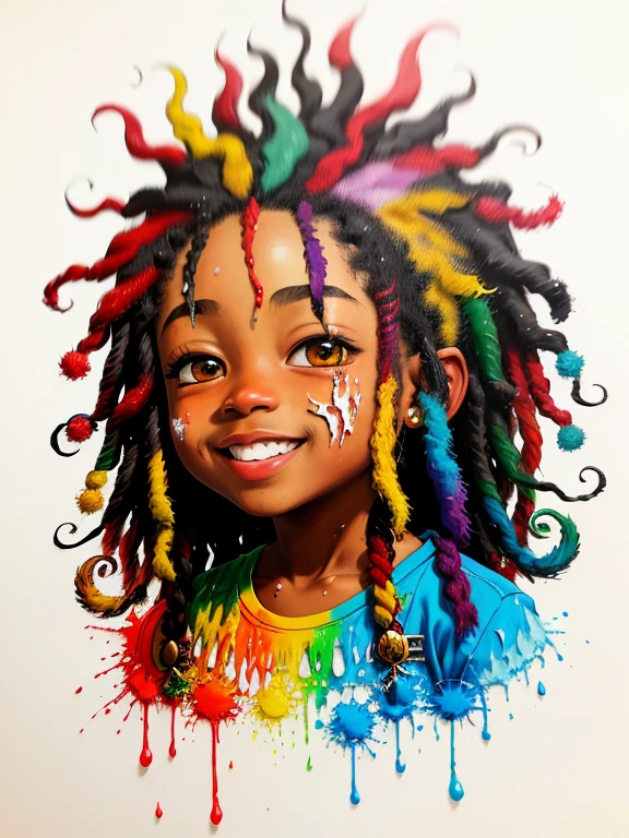um retrato de pintura abstrata de uma chibi rastafari sorrindo com splatter de tinta colorido, no estilo do realismo com elementos de fantasia, gradientes de cores, salpicos de cor, figuras coloridas estilo minimalista, oil painting