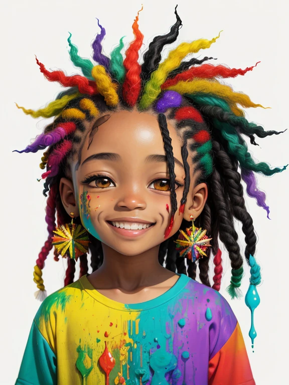 um retrato de pintura abstrata de uma chibi rastafari sorrindo com splatter de tinta colorido, no estilo do realismo com elementos de fantasia, gradientes de cores, salpicos de cor, figuras coloridas estilo minimalista, oil painting