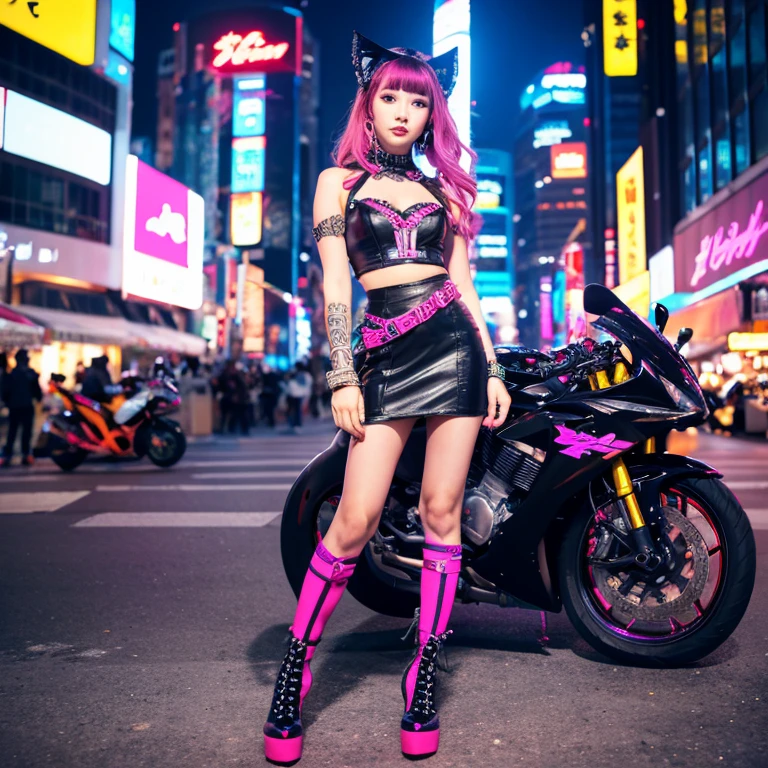 masterpiece, best quality, Confident cyberpunk girl, full body shot, ((standing in front of motorcycle)), Harajuku-inspired pop outfit, bold colors and patterns, eye-catching accessories, trendy and innovative hairstyle, vibrant makeup, Cyberpunk dazzling cityscape, skyscrapers, neon signs, LED lights, bright and vivid color scheme, anime, illustration, detailed skin texture, detailed cloth texture, beautiful detailed face, intricate details, ultra detailed,with White cat.