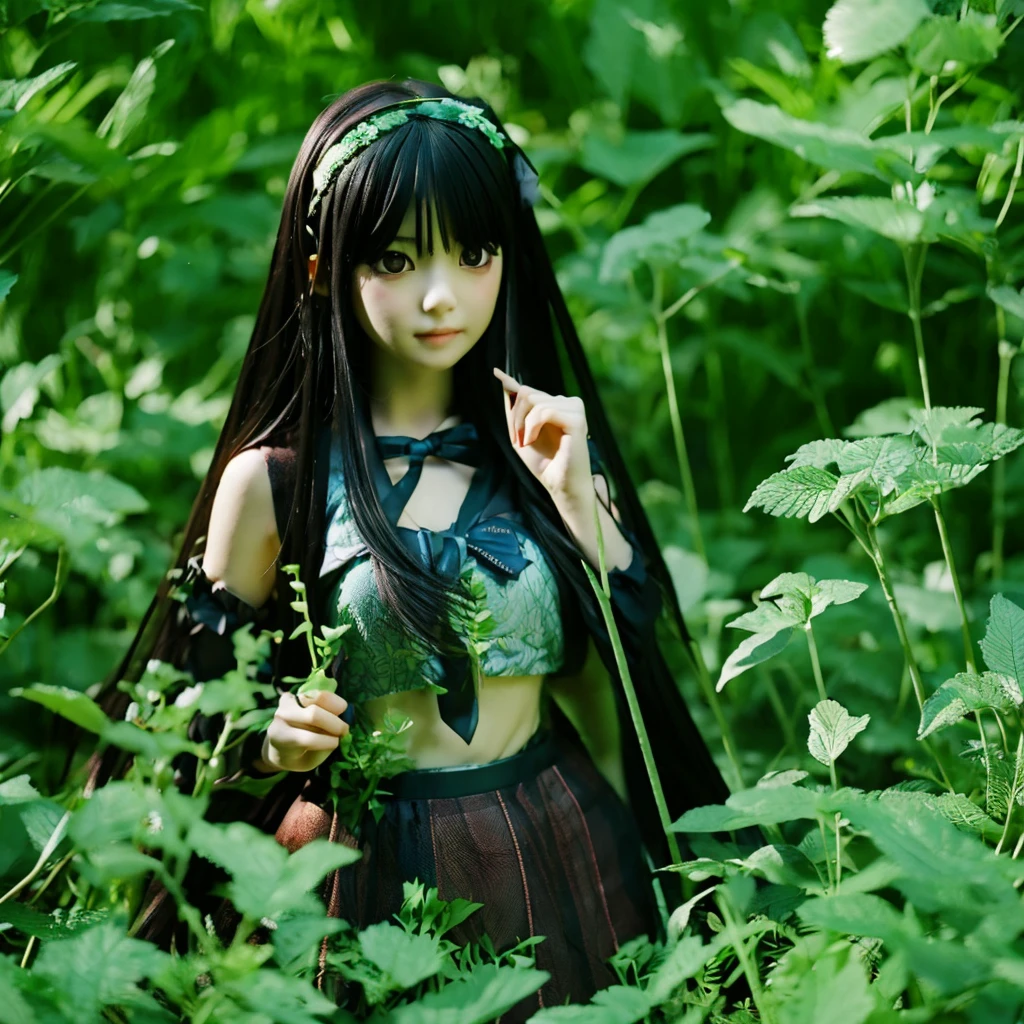 Asian manga girl - long black hair - black eyes - magic forest - night - 4k - 3D