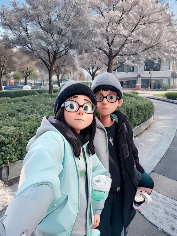 Girl taking selfie with her husband. girl is wearing mint green puffer jacket and prescription glasses. She is also wearing black hat. Boy is wearing grey hoodie and black jacket and black cap. He is behind girl in the selfie