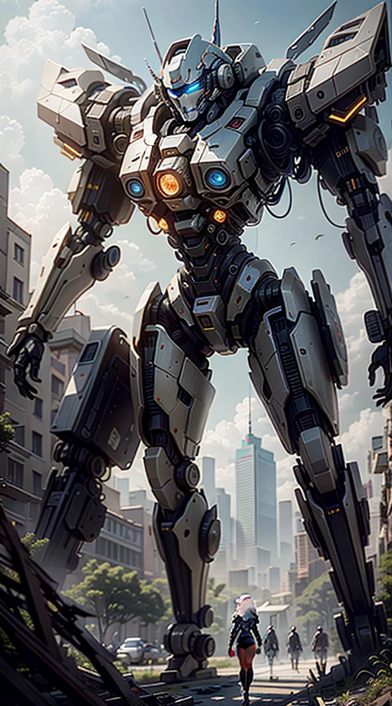 ((Best Quality)), ((Masterpiece)), (Very Detailed: 1.3), 3D, Shitu-mecha, Beautiful cyberpunk woman wearing crown with her mecha in ruins of a city in forgotten war, long silver hair, sci-fi technology, HDR (High Dynamic Range), ray tracing, nvidia RTX, super resolution, unreal 5, subsurface scattering, PBR texture, post-processing, anisotropic filtering, depth of field, maximum sharpness and sharpness, multi-layered texture, Albedo and specular mapping, surface shading, accurate simulation of light-material interactions, perfect ratios, octane rendering, duotone lighting, low ISO, white balance, rule of thirds, wide aperture, 8K RAW, high efficiency sub-pixels, subpixel convolution, luminous particles, light scattering, Tyndall effect