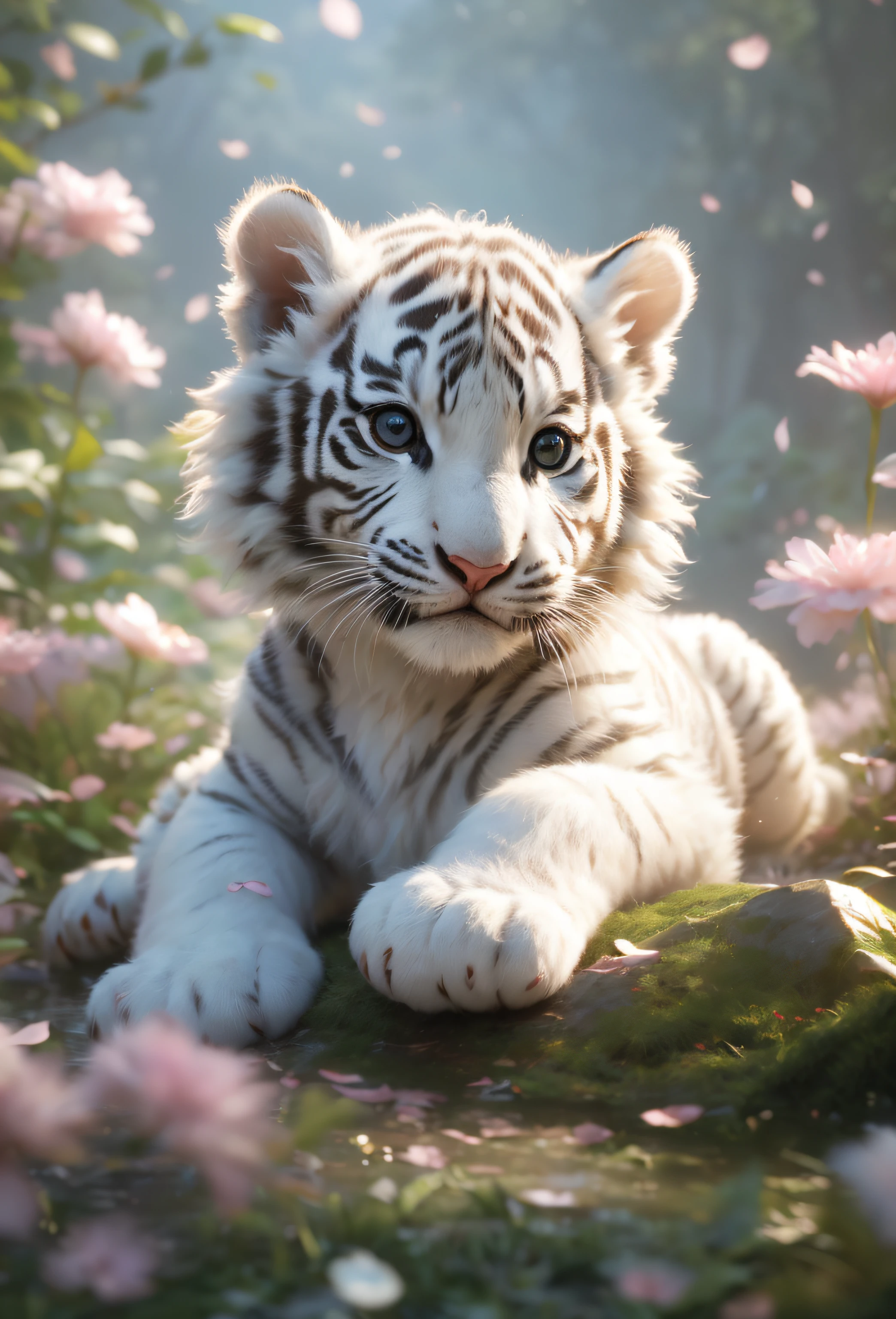 (best quality,4k,8k,highres,masterpiece:1.2),ultra-detailed,(realistic,photorealistic,photo-realistic:1.37),white tiger,cute,fluffy fur,tiny paws,playful,captivating,whiskers,curious expression,vibrant colors,glossy fur,shiny eyes,wonderment in its gaze,elegant stance,enchanted forest,majestic appearance,soft lighting,ethereal aura,surreal atmosphere,anime artistry,adorable,charismatic presence,fantastical creature,innocence,joyful energy.