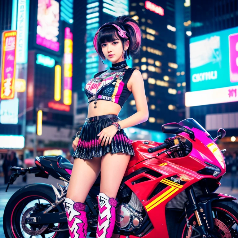 masterpiece, best quality, Confident cyberpunk girl, full body shot, ((standing in front of motorcycle)), Harajuku-inspired pop outfit, bold colors and patterns, eye-catching accessories, trendy and innovative hairstyle, vibrant makeup, Cyberpunk dazzling cityscape, skyscrapers, neon signs, LED lights, bright and vivid color scheme, anime, illustration, detailed skin texture, detailed cloth texture, beautiful detailed face, intricate details, ultra detailed,with White cat.