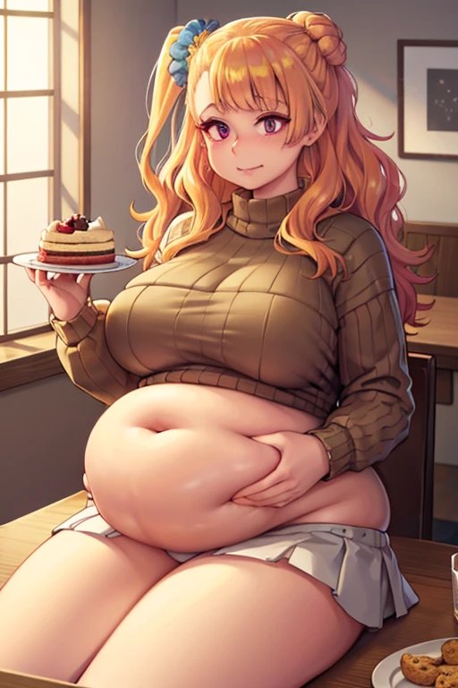 very fat, large stomach, chubby (best quality, masterpiece), thanksgiving, wearing sweater, grabbing belly, sitting down, table with of food, table tons of food, lots of food, holding belly, table with food, sitting, wearing sweater, Christmas, Holiday, Christmas cookies, Galko