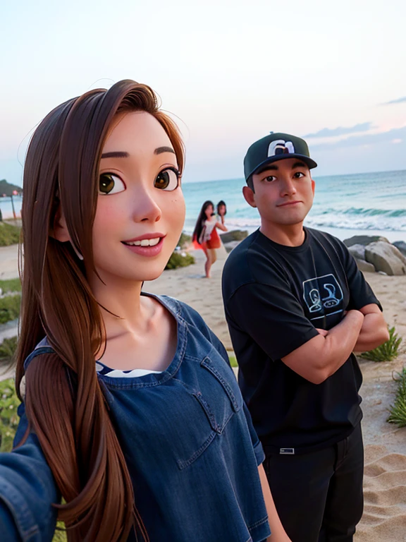 there are two people standing next to each other near the water, with sunset, during sunset, 8k selfie photograph, couple, taken with canon eos 5 d mark iv, taken on go pro hero8, standing near the beach, photo taken with canon 5d, lovely couple, at beach at sunset, selfie shot straight on angle, the ocean in the background
