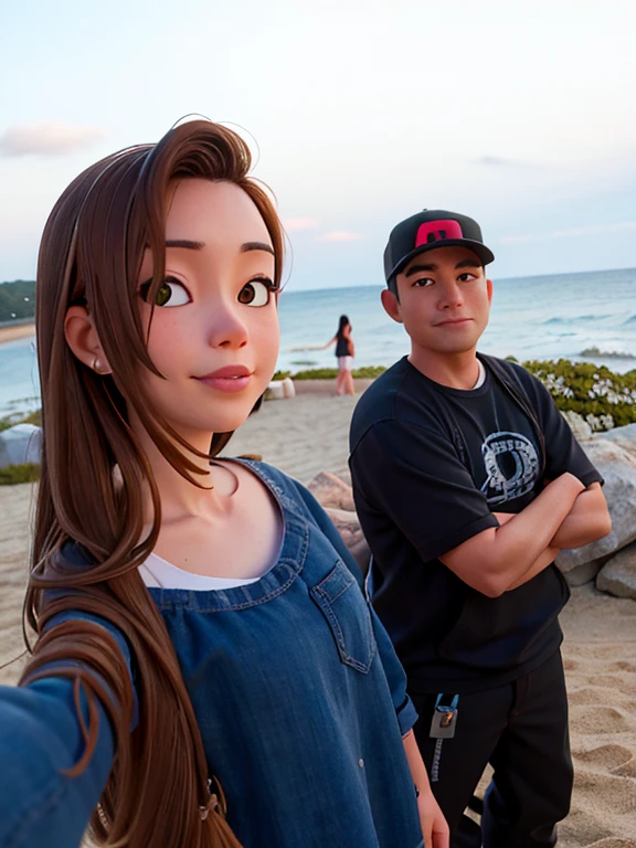 there are two people standing next to each other near the water, with sunset, during sunset, 8k selfie photograph, couple, taken with canon eos 5 d mark iv, taken on go pro hero8, standing near the beach, photo taken with canon 5d, lovely couple, at beach at sunset, selfie shot straight on angle, the ocean in the background
