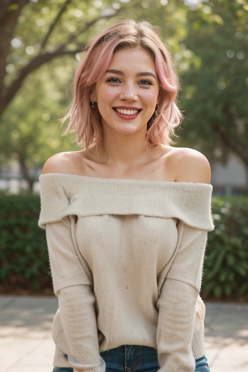Hyper realistic, ultra detailed photograph of a woman with messy blond hair (pink highlights) wearing an off shoulder slim sweter, laughing out loud and dancing, sunlight fractal details, depth of field, detailed gorgeous face, natural body posture, captured with a 85mm lens, f4.6, bokeh,ultra detailed, ultra accurate detailed, bokeh lighting, surrealism, urban settin, ultra unreal engine, intricate, epic, freckles