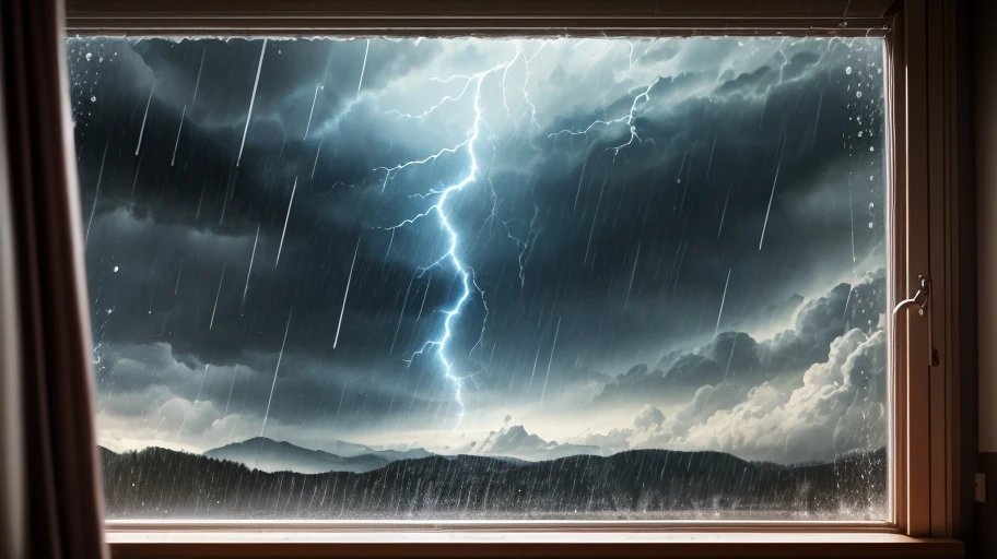 Create an image of rain and thunder seen through a window