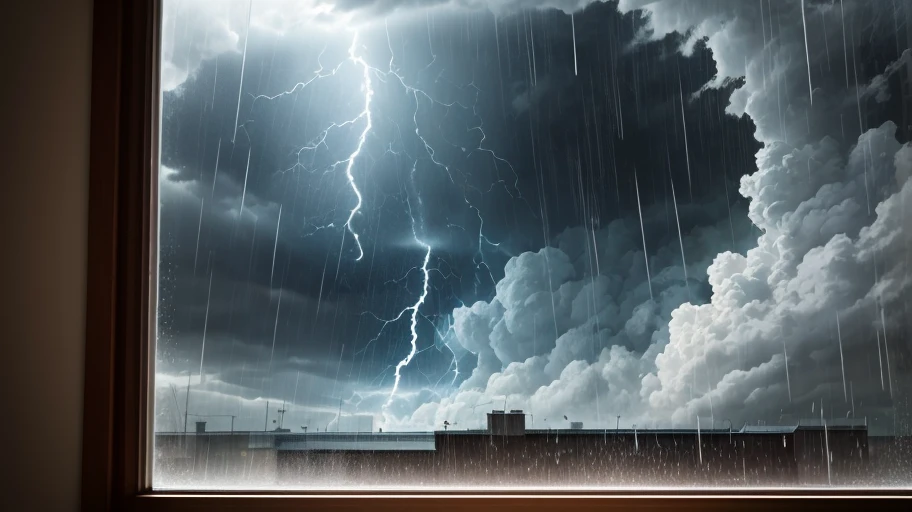 (masterpiece, best quality),1.2, cuva, over rain, best quality,1.5, , thunder, raining,water pose, drops, outside, realistic,3d