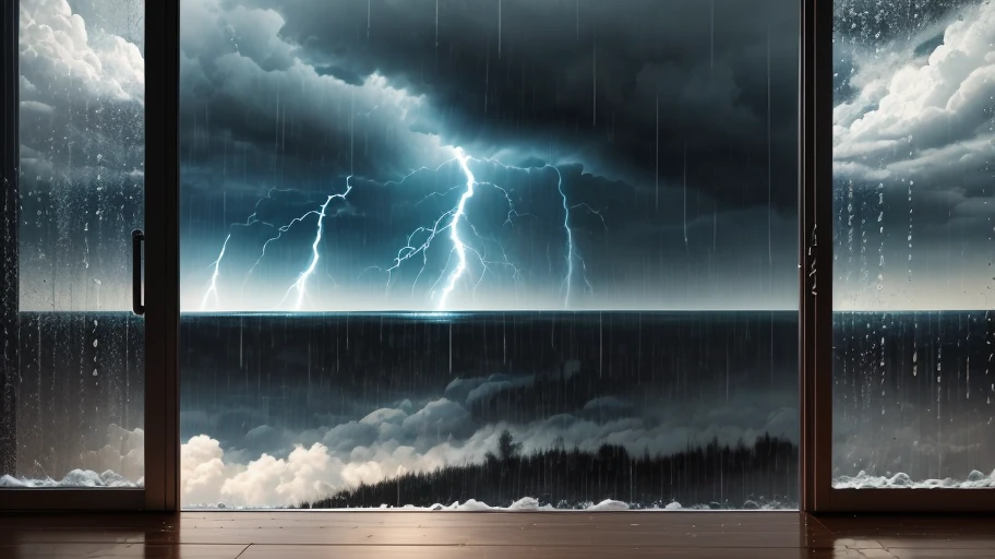 Create an image of rain and thunder seen through a window