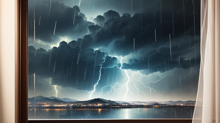 Create an image of rain and thunder seen through a window