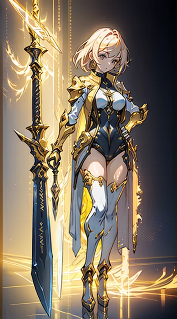 Design a layout showcase Gaming character, ((1girl)), sorcerer:1.2, Golden+Purle clothes, stylish and unique, ((showcase weapon:1.4)), magic staff, (masterpiece:1.2), (best quality), 4k, ultra-detailed, (Step by step design, layout art:1.5), (luminous lighting, atmospheric lighting), Final Fantasy style, magican, ((glove full hands)), fran, viera, (((revealing clothes:1.3))), vambraces, armored legwear, (((full_body_shot:1.4))), Niji, back_view, T_pose