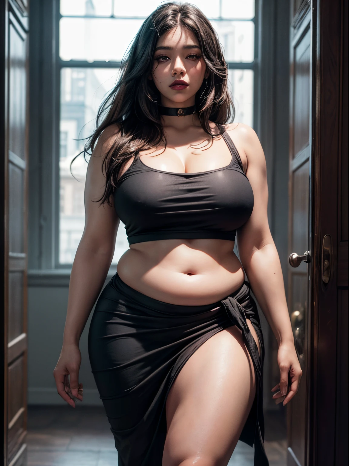 (masterpiece),(best quality:1.0), (ultra highres:1.0), detailed illustration, 8k, 1 women, very long hair, hair over eyes, thick biceps , tall giant, dark circles under eyes, black lipstick, black eyeshadow, braless, plumpy belly, fat body, chubby tummy, thick thighs, muscular body, muscle biceps, black top, black sarong