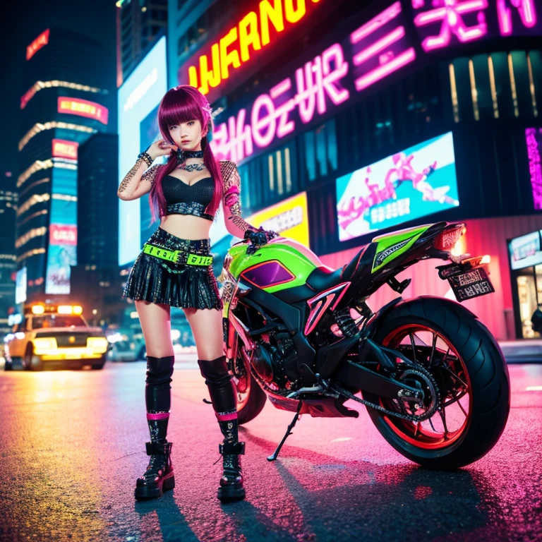 masterpiece, best quality, Confident cyberpunk girl, full body shot, ((standing in front of motorcycle)), Harajuku-inspired pop outfit, bold colors and patterns, eye-catching accessories, trendy and innovative hairstyle, vibrant makeup, Cyberpunk dazzling cityscape, skyscrapers, neon signs, LED lights, bright and vivid color scheme, anime, illustration, detailed skin texture, detailed cloth texture, beautiful detailed face, intricate details, ultra detailed.