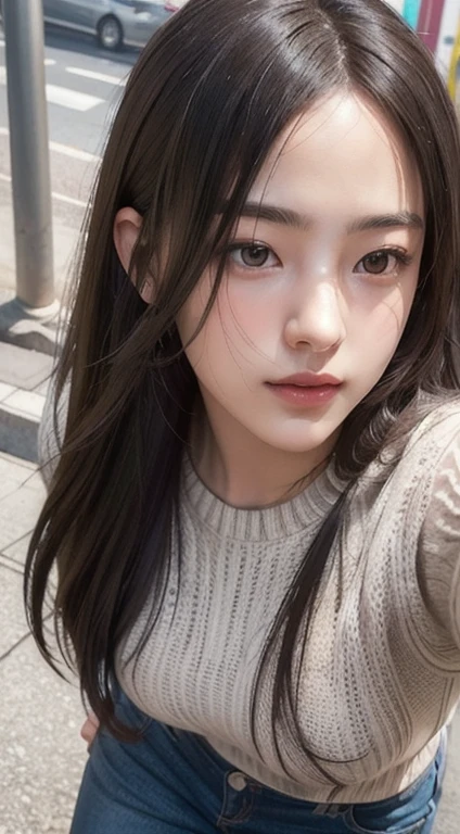 Photorealistic, masutepiece, Best Quality, Raw photo, 1girl in, Solo, Long hair, Brown hair, Detailed face, alluring face, Sweater that kills virgins, , Dynamic Pose, Looking at Viewer, From below, Detailed background, fine detailed, intricate detailes,  Ray tracing, depth of fields, lowkey, nffsw