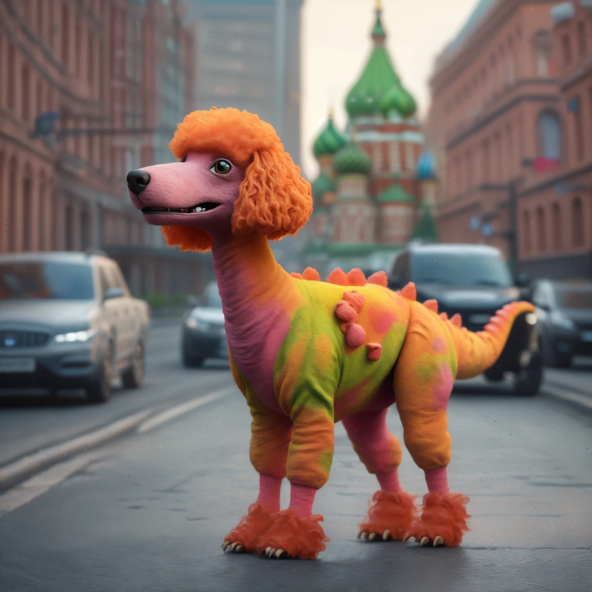 bright toy dog, standing on a city street among cars, highly detailed toy, As a clay character, Clay character, by Fyodor Rokotov, sergey zabelin, Global Illumination. vfx, Sergey Krasovsky, by Igor Grabar, A hyper-realistic, dragon invasion of moscow, Clay Processing Style, toy commercial photo