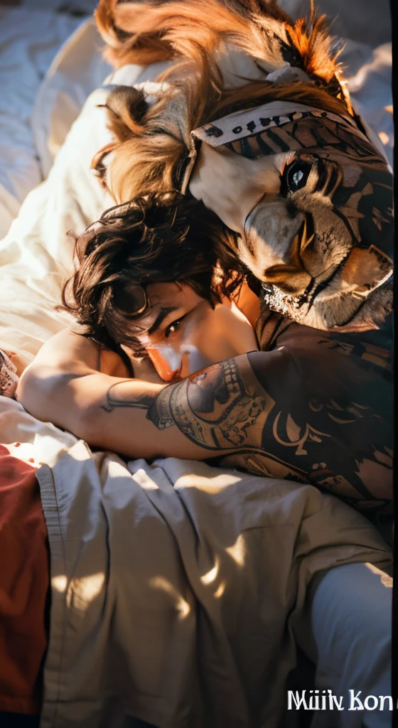 Boy lying on bed with lion on his back