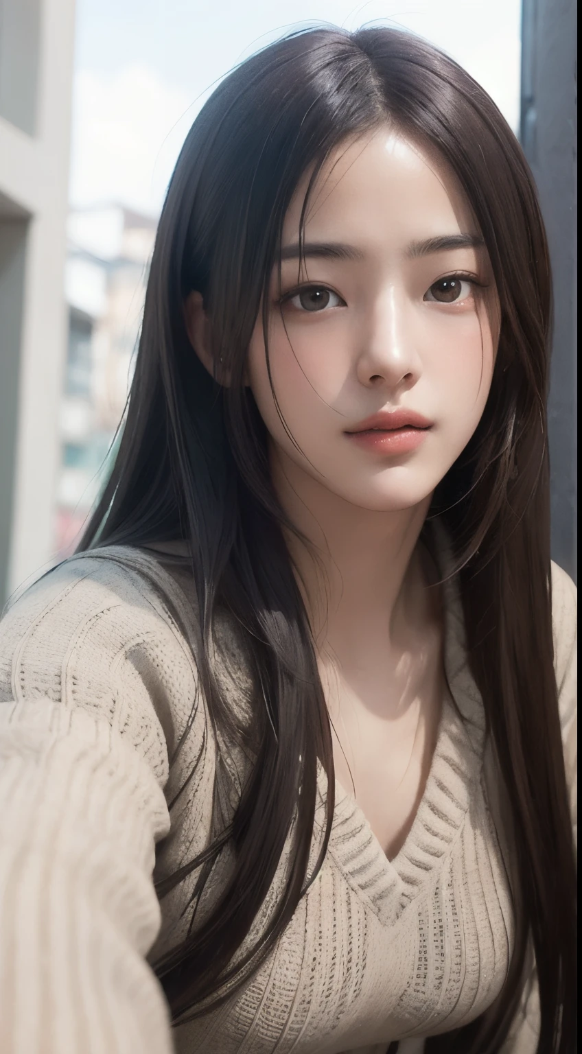 Photorealistic, masutepiece, Best Quality, Raw photo, 1girl in, Solo, Long hair, Brown hair, Detailed face, alluring face, Sweater that kills virgins, medium breasts, Dynamic Pose, Looking at Viewer, From below, Detailed background, fine detailed, intricate detailes, Ray tracing, depth of fields, lowkey, nffsw