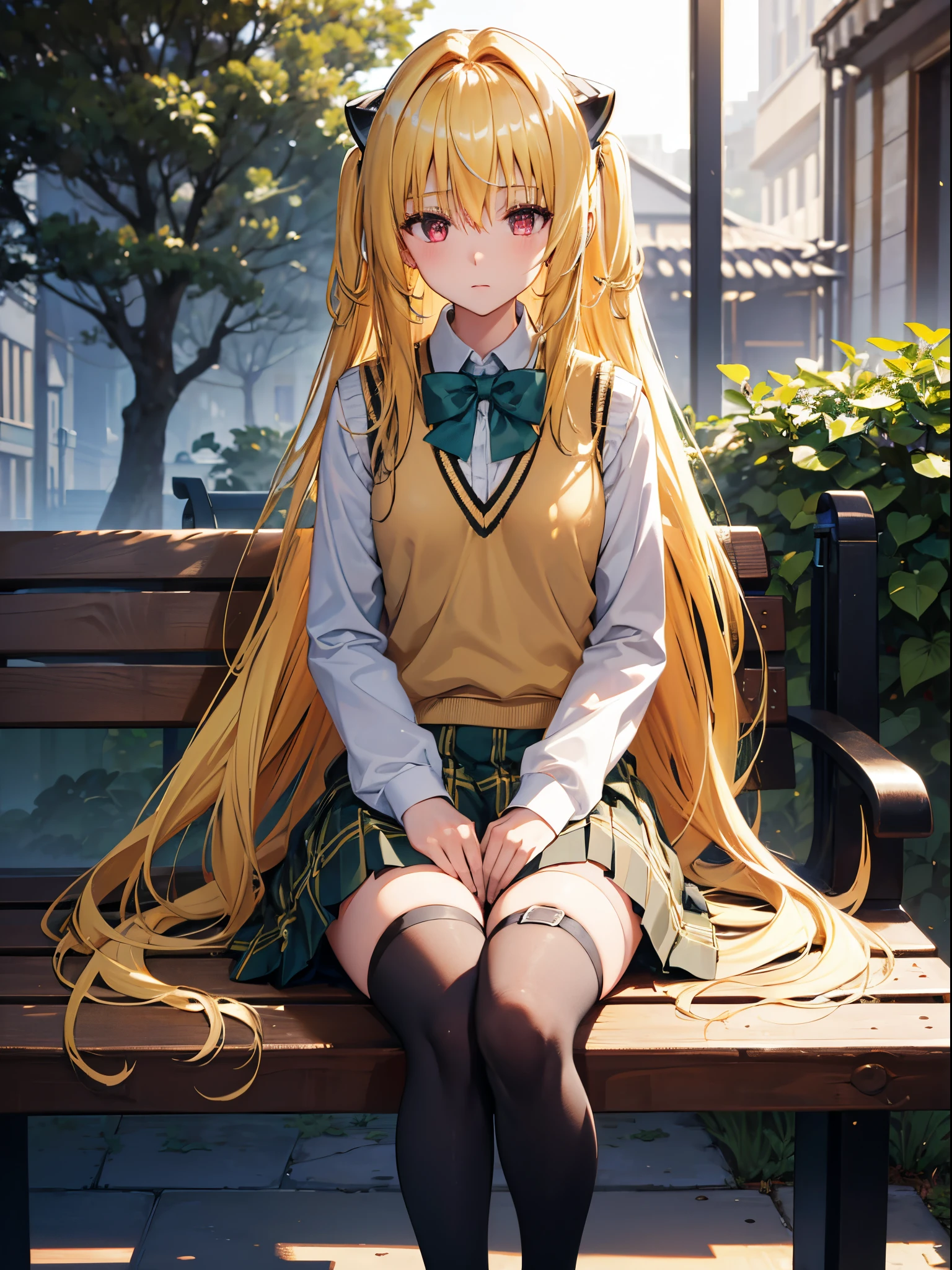 phyami, yamisch, 1girl, long hair, solo, school uniform, hair ornament, hair between eyes, two side up, blonde hair, very long hair, skirt, red eyes, thigh strap, sweater vest, plaid skirt, plaid, black socks, two side up, hair ornament, pleated skirt, kneehighs,
BREAK,
8k,  masterpiece, best quality,ultra-detailed, an extremely delicate and beautiful, beautiful detailed eyes, beautiful detailed glow, High-key lighting, (expressionless),
holding book,
courtyard,
sitting on bench,
midday,
cowboy shot,