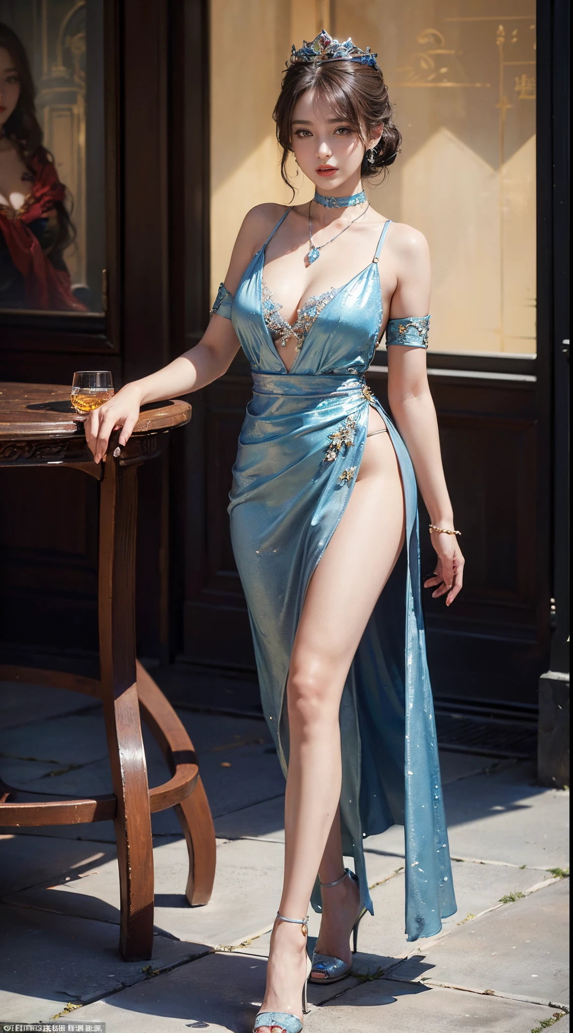 ((masterpiece:1.4)、(top-quality:1.4)、(reallistic:1.7))、masuter piece:1.4、(Top-of-the-line rendering:1.4)、Ultra-realistic portrait of the beautiful queen of Mars、Super beautiful girl queen、((1girl in:1.4))、Shiny natural skin texture、(Gorgeous Brilliant Queen Costume:1.4)、(An outfit that emphasizes beautiful breasts:1.4)、age19、(Cute tattoos:1.4)、(Perfect female body:1.4)、Portrait photo of a girl、(standingn:1.4)、(Full body photo:1.4)、Fantasyart、Soft front light、美丽的面容、Beautiful udder、large full breasts:1.2、Sexy ass、A detailed eye、Beautiful and attractive eyes、beautidful eyes、Narrow waist、beauty legs、Raw photo、red-lips、Red high heels、(tiarra:1.4、a choker:1.4、a necklace:1.4、耳环:1.4)、1 screen display、A super-beautiful queen strolling through the gardens of the Martian Kingdom Palace