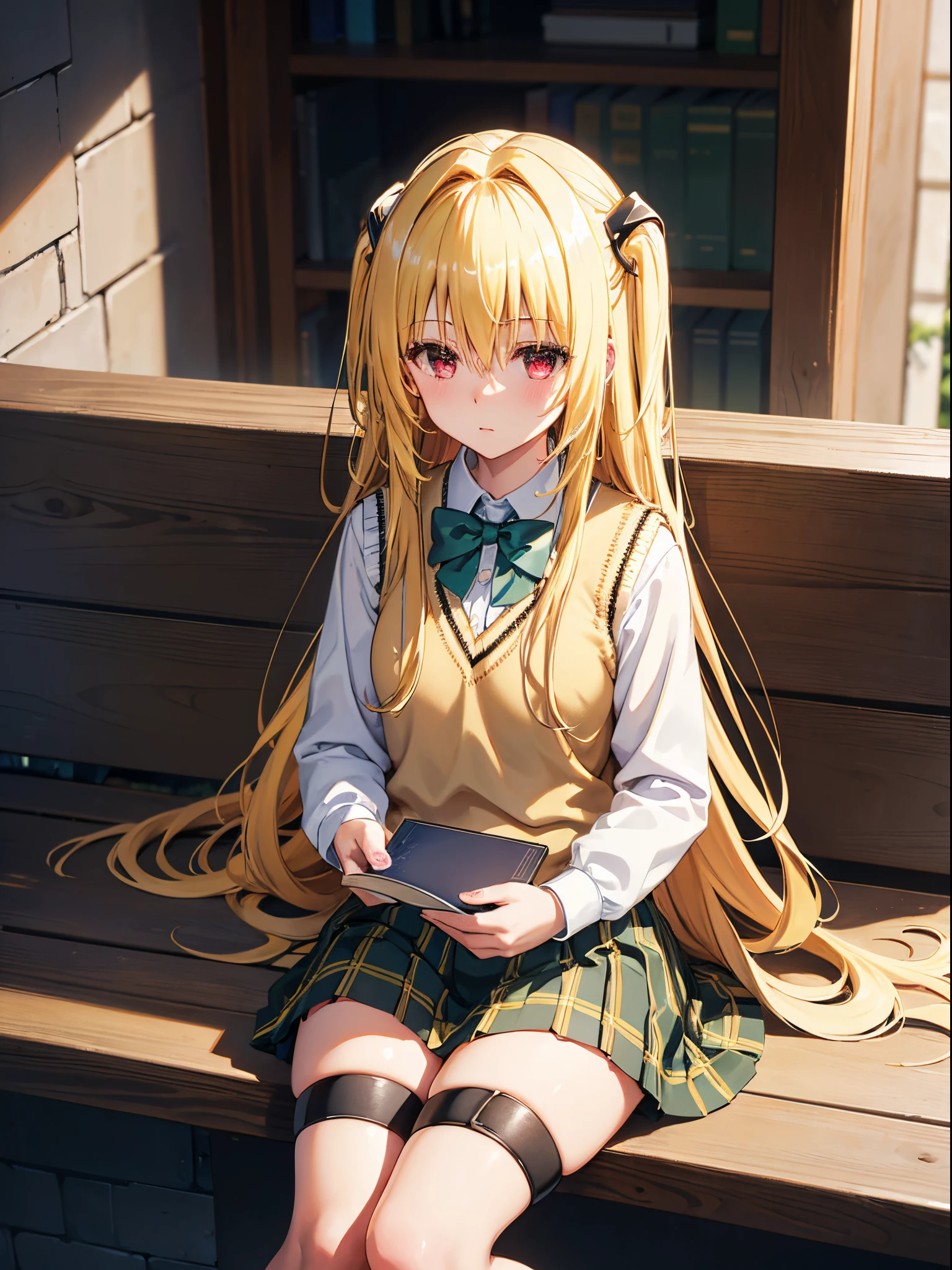 phyami, yamisch, 1girl, long hair, solo, school uniform, hair ornament, hair between eyes, two side up, blonde hair, very long hair, skirt, red eyes, thigh strap, sweater vest, plaid skirt, plaid, black socks, two side up, hair ornament, pleated skirt, kneehighs,
BREAK,
8k,  masterpiece, best quality,ultra-detailed, an extremely delicate and beautiful, beautiful detailed eyes, beautiful detailed glow, High-key lighting, (expressionless),
holding book,
courtyard,
sitting on bench,
midday,
cowboy shot,