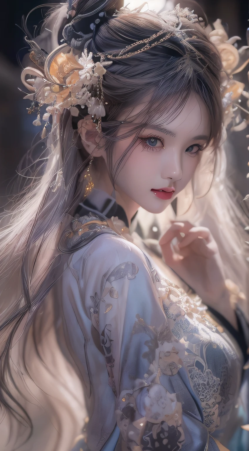 1 Beautiful demon woman from hell, In the dark night: 1.6),Portrait close-up,one-girl,ancient Chinese costume,single hair bun,(8K, RAW photos, realistically:1.25), Best quality, illuminations, ultra - detailed, exquisite detailing, A high resolution, 8k wallpaper, Perfect dynamic composition, beautiful detailed eyes, Natural lips, perfect glowing skin, Perfect Skin, (Fair and shiny skin), moist lips, innocent big eyes, 詳細な目, (二重まぶた),Long gray hair,Dark theme,Soothing tone,(pastel colour),hight contrast,(Natural skin texture,ultra-realistic realism,the soft light,Sharp),In front of a black blaze, Black flames surround her,she has fire powers, Dreamy and gorgeous lights, ancient chinese fantasy,Forty-five degree angle view,staring at the audience,completely see-through,Panorama ultra-wide angle,ssmile,strong visual impact,There is starlight in the eyes,long eyelasher,Hair floating in the air,Ancient Chinese long hair hairstyle,Redlip, (crystal-clear),Good sense of perspective,Surface reflected light,flowing dark hair,The content is very detailed,White-colored skin(Exquisite),surrealism painting,Black flame entanglement,Picture close-up,closeup of face,China 1 girl,Rouge skin,Glowing skin,Ancient Chinese fairy,Perforated dream phantom black robe,Ancient Chinese strapless robe,Delicate figure,looking at the camera in,45 degree angle portrait close-up,half-body portrait,Close-up of people,Upper body hea background close-up,High round round