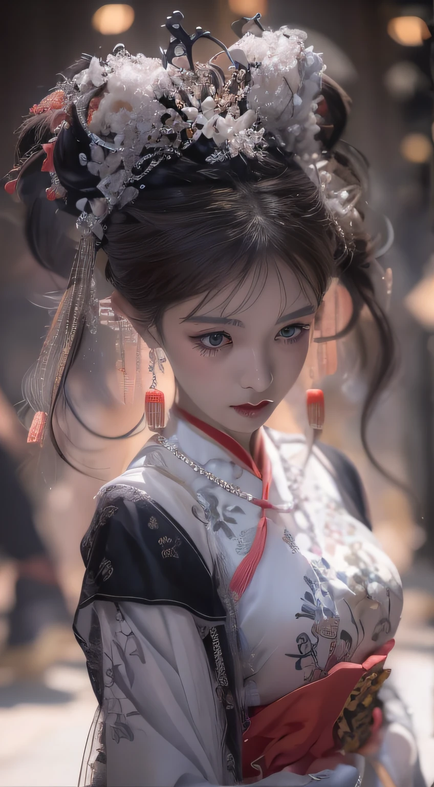 1 Beautiful demon woman from hell, In the dark night: 1.6)，Portrait close-up,one-girl,ancient Chinese costume,single hair bun，(8K, RAW photos, realistically:1.25), Best quality, illuminations, ultra - detailed, exquisite detailing, A high resolution, 8k wallpaper, Perfect dynamic composition, beautiful detailed eyes, Natural lips, perfect glowing skin, Perfect Skin, (Fair and shiny skin), moist lips, innocent big eyes, 詳細な目, （二重まぶた），Long gray hair，Dark theme，Soothing tone，（pastel colour），hight contrast，（Natural skin texture，ultra-realistic realism，the soft light，Sharp），In front of a black blaze, Black flames surround her,she has fire powers, Dreamy and gorgeous lights, ancient chinese fantasy，Forty-five degree angle view，staring at the audience，completely see-through，Panorama ultra-wide angle，ssmile，strong visual impact，There is starlight in the eyes，long eyelasher，Hair floating in the air，Ancient Chinese long hair hairstyle，Redlip， （crystal-clear），Good sense of perspective，Surface reflected light，flowing dark hair，The content is very detailed，White-colored skin（Exquisite），surrealism painting，Black flame entanglement，Picture close-up，closeup of face，China 1 girl，Rouge skin，Glowing skin，Ancient Chinese fairy，Perforated dream phantom black robe，Ancient Chinese strapless robe，Delicate figure，looking at the camera in，45 degree angle portrait close-up，half-body portrait，Close-up of people，Upper body hea background close-up，High round round