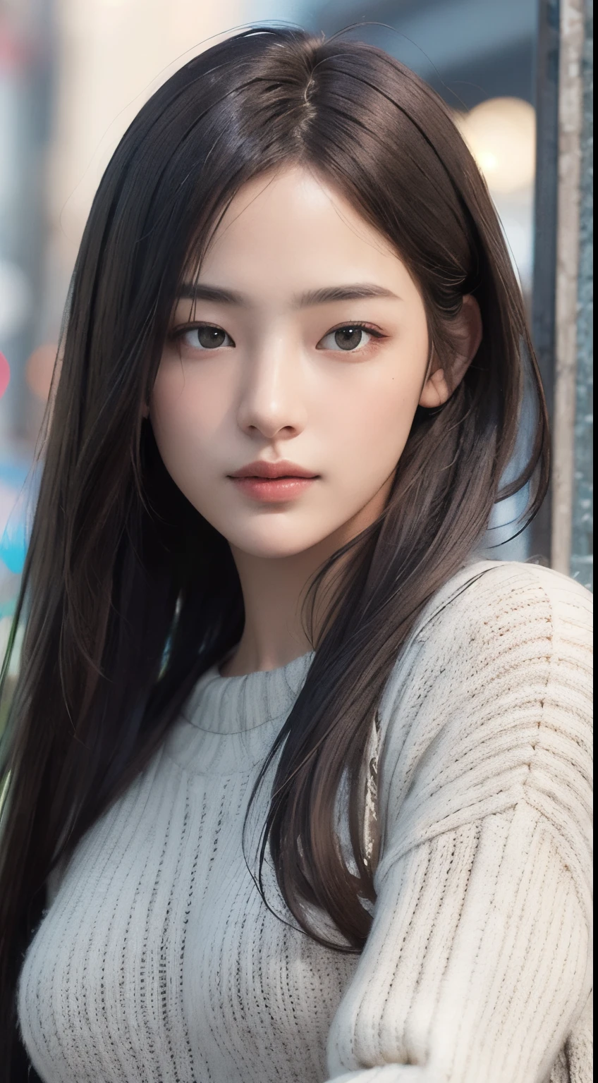 Photorealistic, masutepiece, Best Quality, Raw photo, 1girl in, Solo, Long hair, Brown hair, Detailed face, alluring face, Sweater that kills virgins, medium breasts, Dynamic Pose, Looking at Viewer, From below, Detailed background, fine detailed, intricate detailes, Ray tracing, depth of fields, lowkey, nffsw