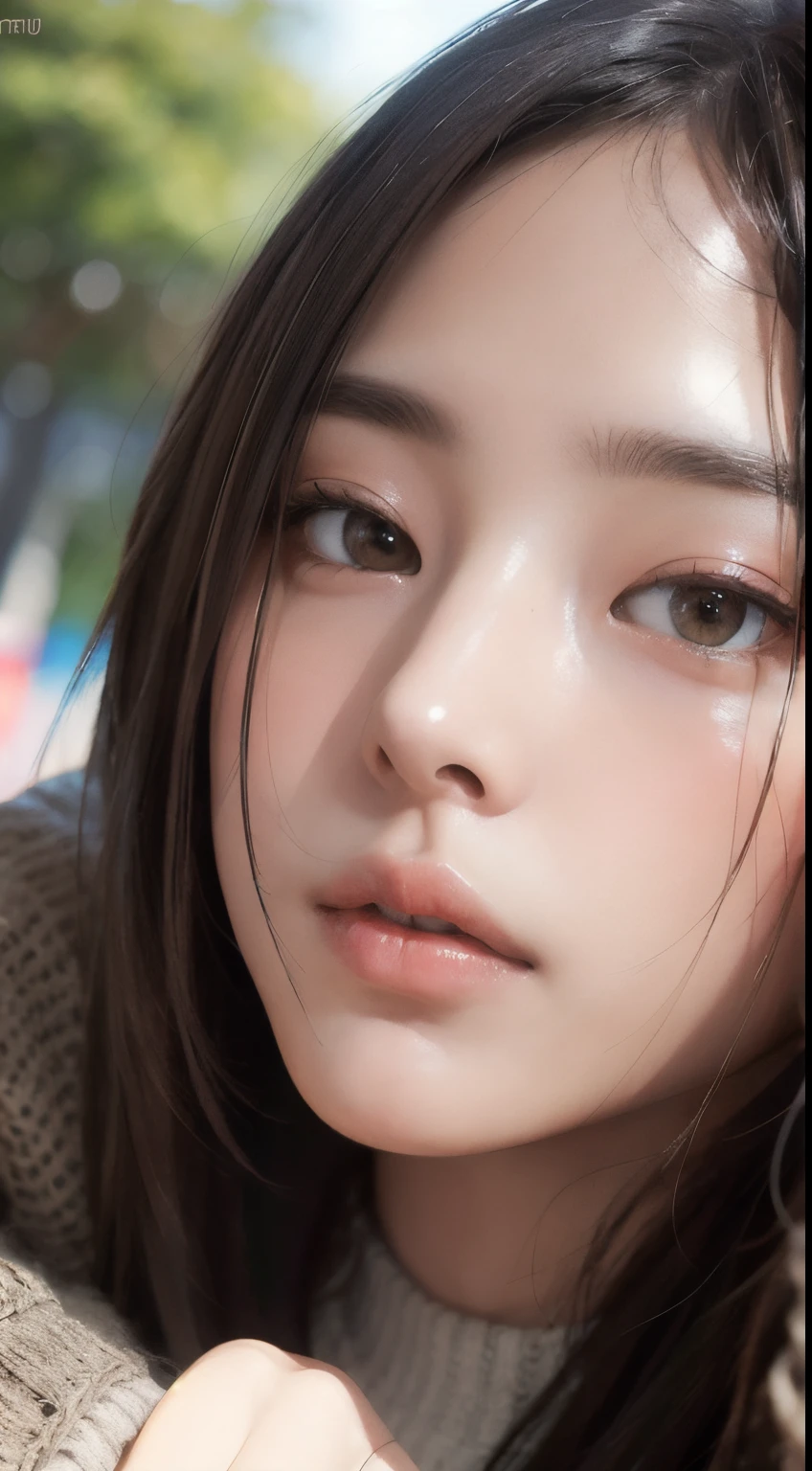 Photorealistic, masutepiece, Best Quality, Raw photo, 1girl in, Solo, Long hair, Brown hair, Detailed face, alluring face, Sweater that kills virgins, medium breasts, Dynamic Pose, Looking at Viewer, From below, Detailed background, fine detailed, intricate detailes, Ray tracing, depth of fields, lowkey, nffsw