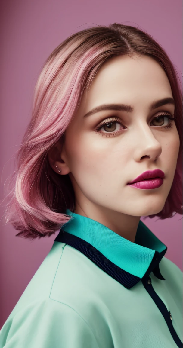 tiktok photo of 37 years old woman, closeup, RAW, masterpiece, realistic, hyper realistic, muted color, film grain, 
looking at viewer, polo's pastel perfection looking 80s casual soft collars, fascinating, 
wearing Magenta dress flower,