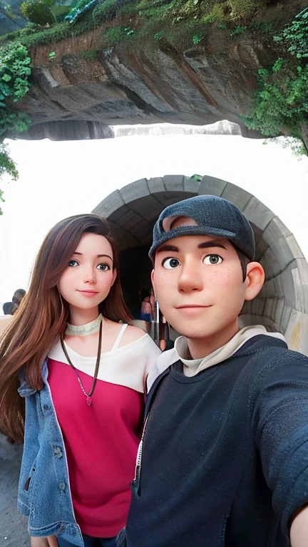 there are two people standing in front of a tunnel with a sign, couple, vacation photo, facebook post, selfie photo, stood in a tunnel, in a cave, connected with hanging bridge!!, picture, 8k selfie photograph, taken on go pro hero8, photo taken in 2 0 2 0, lovely couple, long distance photo, selfie, tunnel