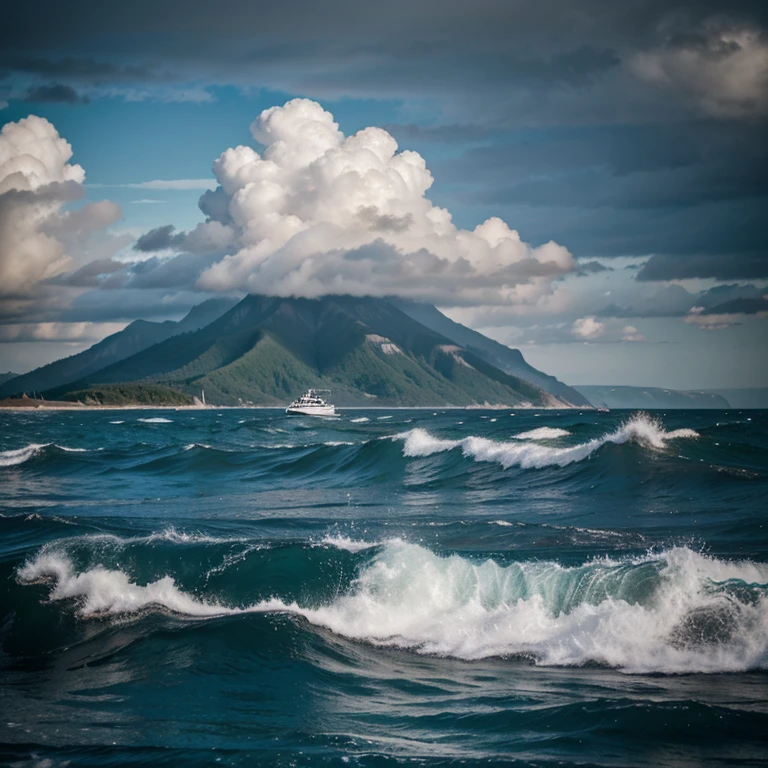 create an image on the horizon, with mountains, ocean, dark clouds approaching, in the center an eagle hovering
