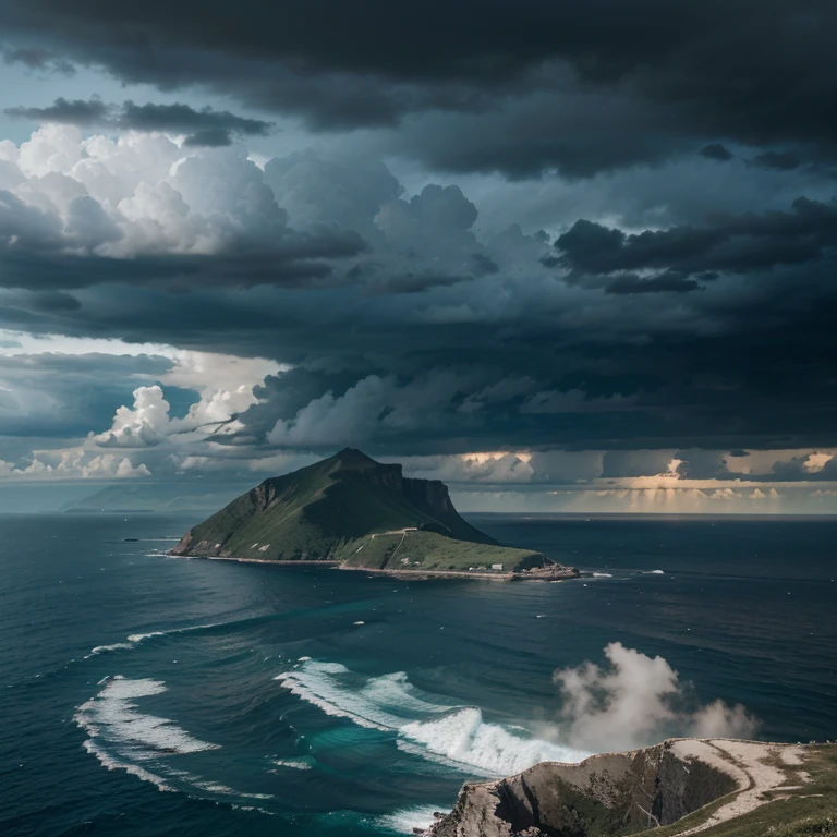 create an image on the horizon, with mountains, ocean, dark clouds approaching, in the center an eagle hovering