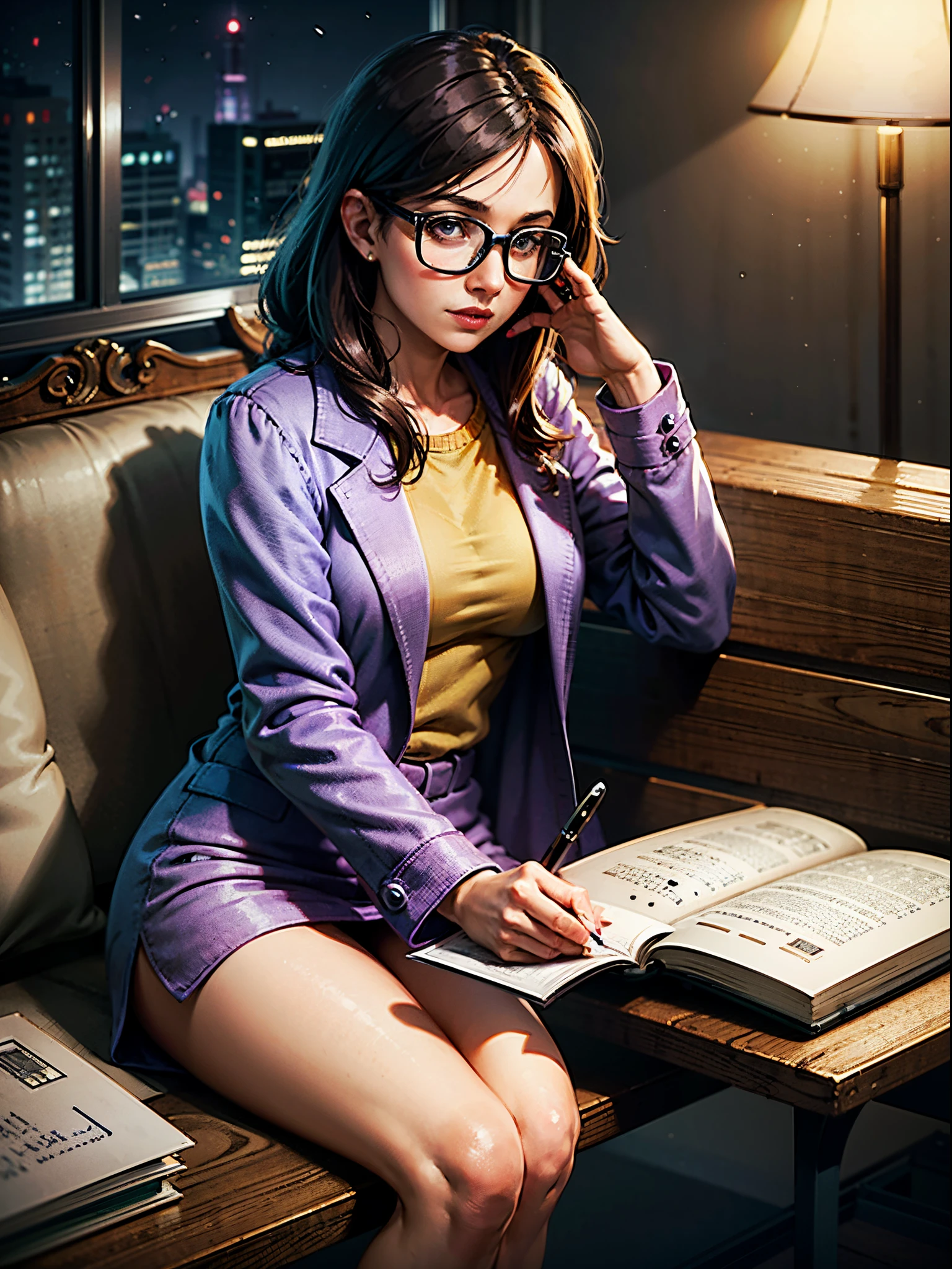 Wise psychologist woman in lilac coat sitting on the bench with glasses with pen and paper in her hand in front, illuminated by the light of a lamp, contra o pano de fundo estantws com livros