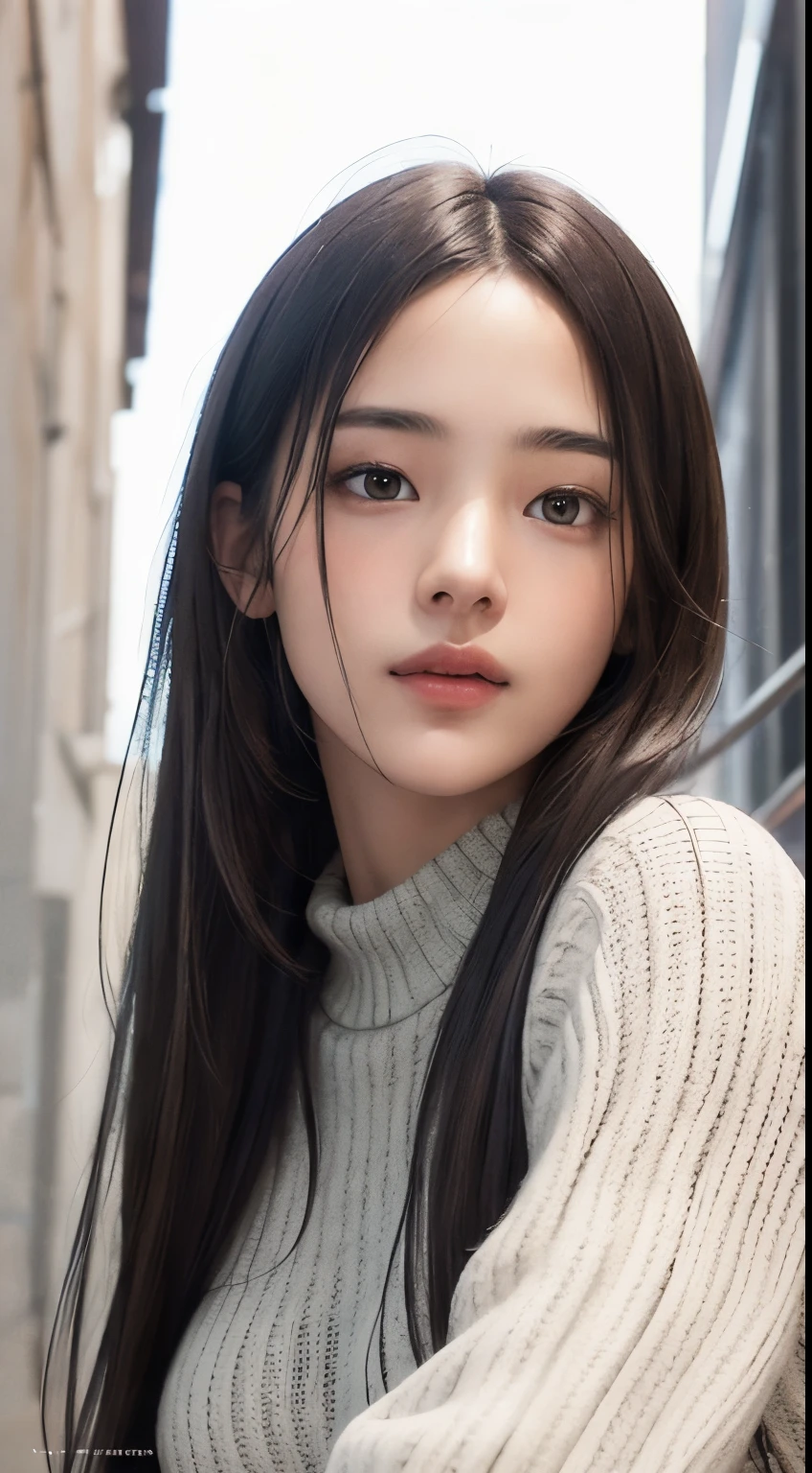 Photorealistic, masutepiece, Best Quality, Raw photo, 1girl in, Solo, Long hair, Brown hair, Detailed face, alluring face, Sweater that kills virgins, medium breasts, Dynamic Pose, Looking at Viewer, From below, Detailed background, fine detailed, intricate detailes,  Ray tracing, depth of fields, lowkey, nffsw