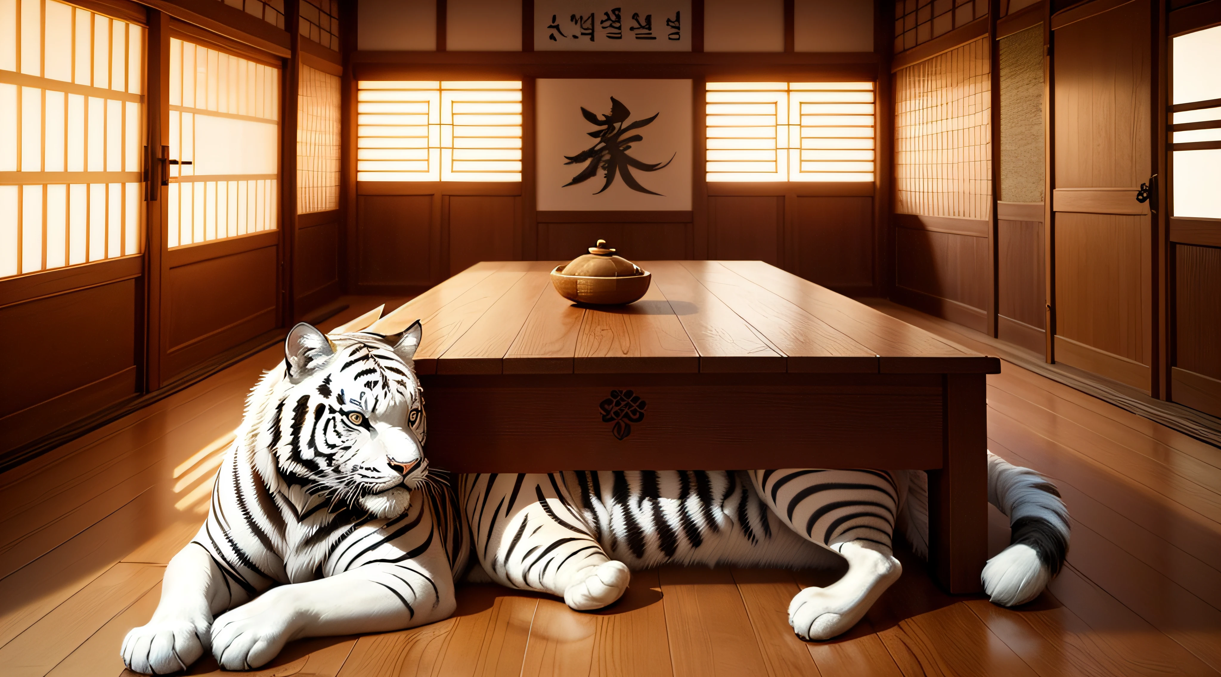 (Hanok de maison coréenne traditionnelle intérieure) ; Papier peint avec dessin d&#39;un majestueux tigre blanc.  (meilleur qualité, résolution élevée, ultra-détaillée) le soleil doré entrant par les fenêtres baigne la pièce d&#39;une lumière orange. motif complexe clairement visible. Beauté sauvage.