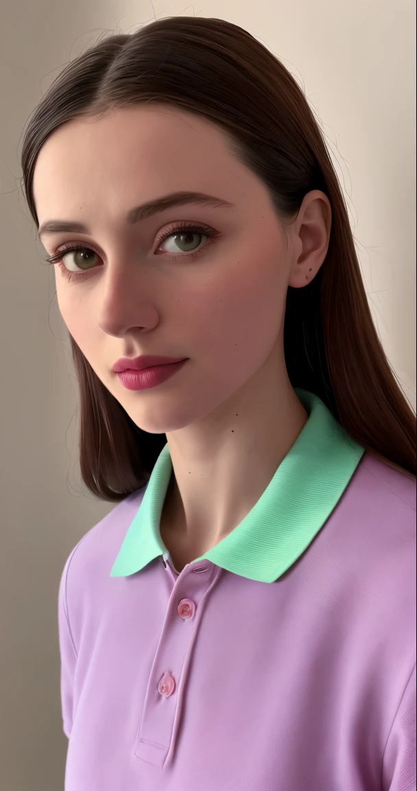 tiktok photo of 37 years old woman, closeup, RAW, masterpiece, realistic, hyper realistic, muted color, film grain, 
looking at viewer, polo's pastel perfection looking 80s casual soft collars, fascinating, 
wearing Magenta dress flower,